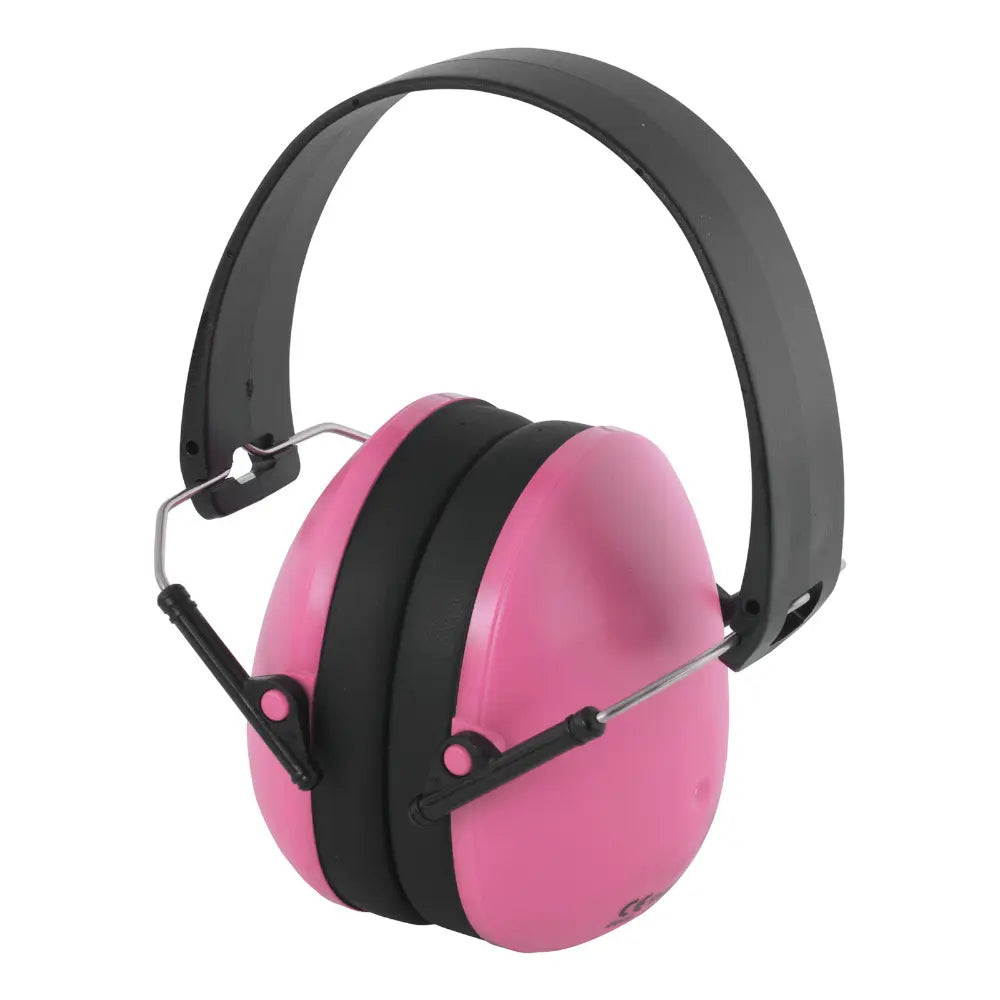 Audífonos wolfcraft de color rosa mostrando su diadema ajustable y sobre un fondo blanco