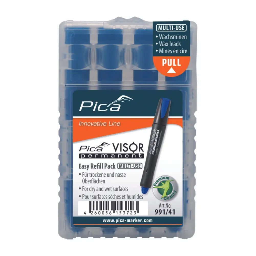 Caja de crayones de recambio azules para pica visor en un fondo blanco