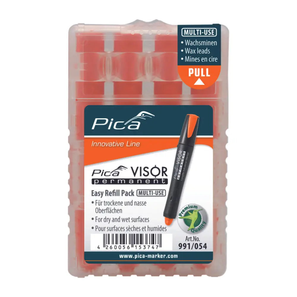 En un fondo blanco, una caja de crayones naranjo fluor para pica visor