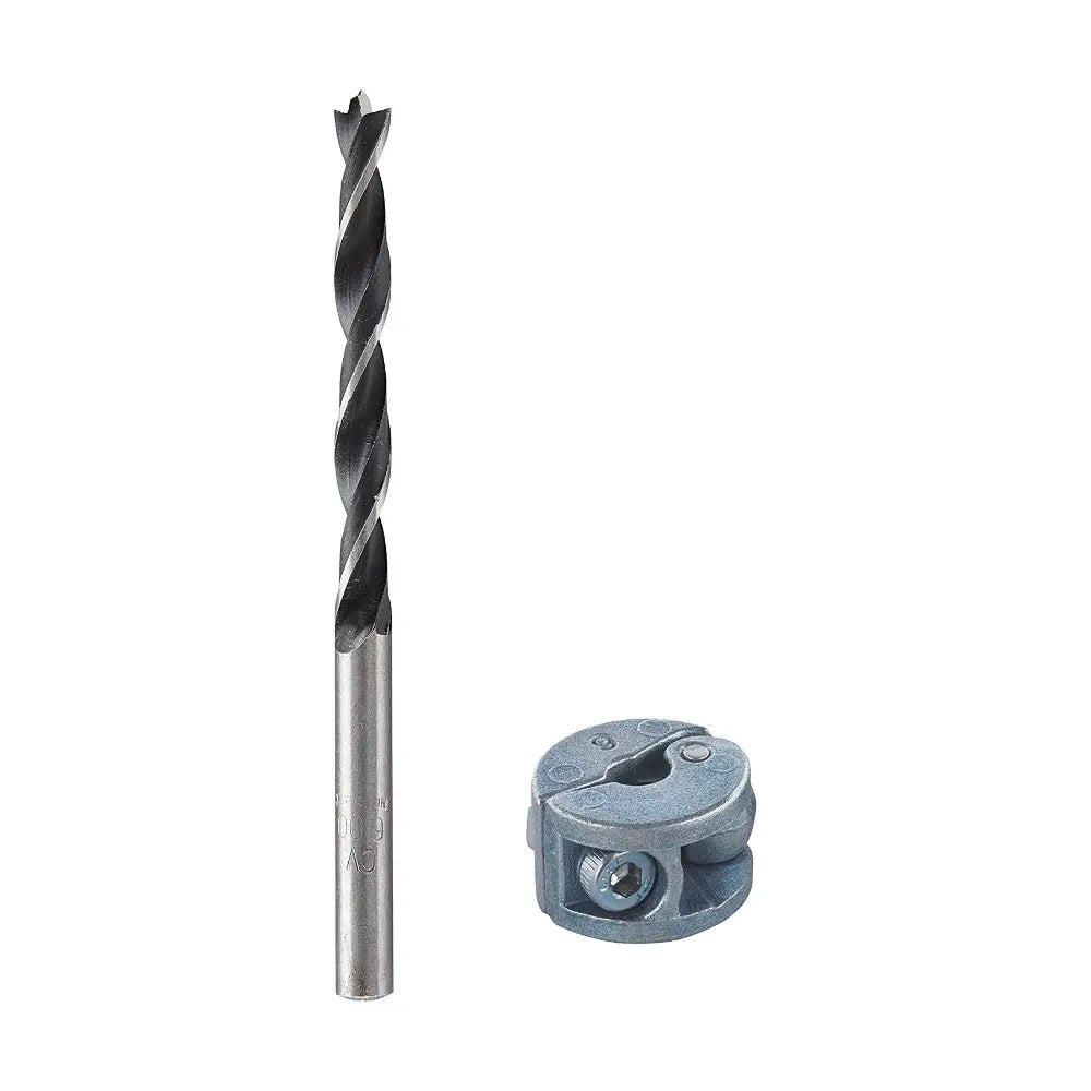 En primer plano una broca de 6 mm junto a su respectivo tope de profundidad